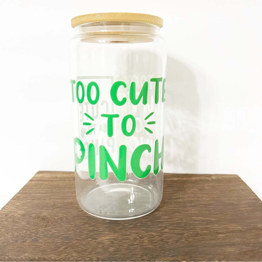 “Too Cute To Pinch” Libbey Glass Can with Bamboo Lid and Straw
